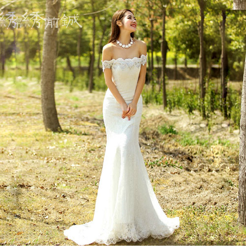 5Cgo 14262910873 韓版抹胸拖尾蕾絲婚紗 奢華一字肩綁帶中腰大碼公主禮服 MIK06300
