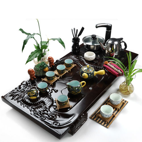 5Cgo 18840133489 高檔紫砂茶具套裝 側把金龍茶具 茶盤實木 大號電磁爐禮品盒裝特價 SHM07010 