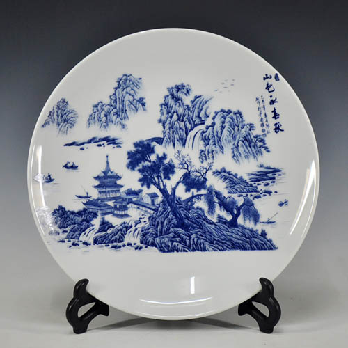 5Cgo 青花瓷裝飾坐盤 擺件 山水畫 電視牆櫃 工藝飾品 擺設 工藝品 裝飾品 LXM93000