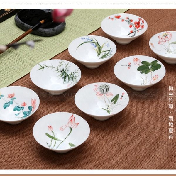 5Cgo 24162248401 功夫斗笠茶杯 品茗杯 8個杯一組 手繪茶杯五彩青花瓷茶具 陶瓷 薄胎 AGL001000