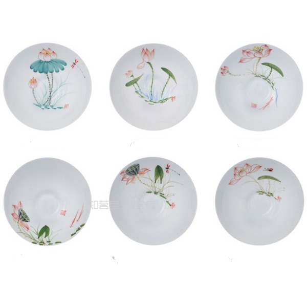 5Cgo 20218728168 手繪五彩薄胎茶具 (六個杯) 陶瓷斗笠杯 荷花小茶碗 品茗杯 青花瓷功夫茶杯 泡茶 AGL08000