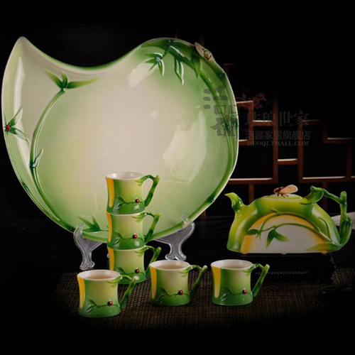 5Cgo 14973081055 琺琅瓷 竹節杯 節節高升 功夫茶具套裝 1壺1盤6杯 CHX70300