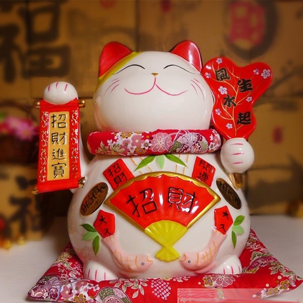 5Cgo 22525231486 風生水起 金運招財貓 發財貓 存錢筒 陶瓷飾品鈴鐺 13寸 WOD81300