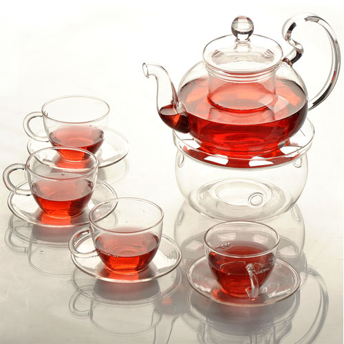 5Cgo 10149560173 手工耐熱透明玻璃茶具套裝花茶壺 600ml  一壺一底座四杯四碟   SHM87000