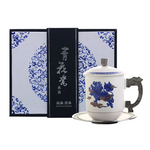 5Cgo 15057153861 青花瓷陶瓷 帶蓋杯子錫器錫杯 父親節禮物創意實用辦公室商務禮品 CJS63400